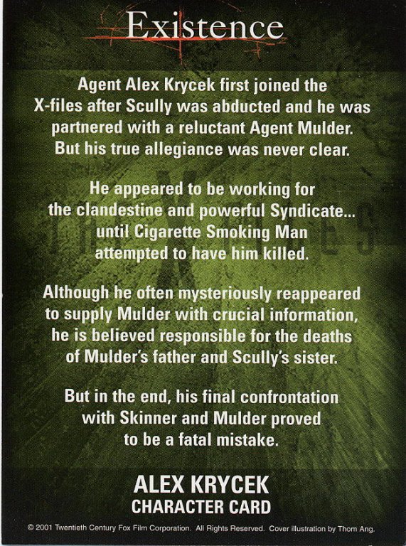 Krycek Character Card from Existence DVD Package - BACK
